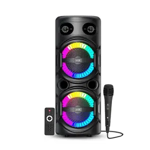 Party Speaker Dual 8" Karaoke Party Speaker with Microphone & Ring Lights - Bluetooth, USB, TF, FM, AUX Cable Compact