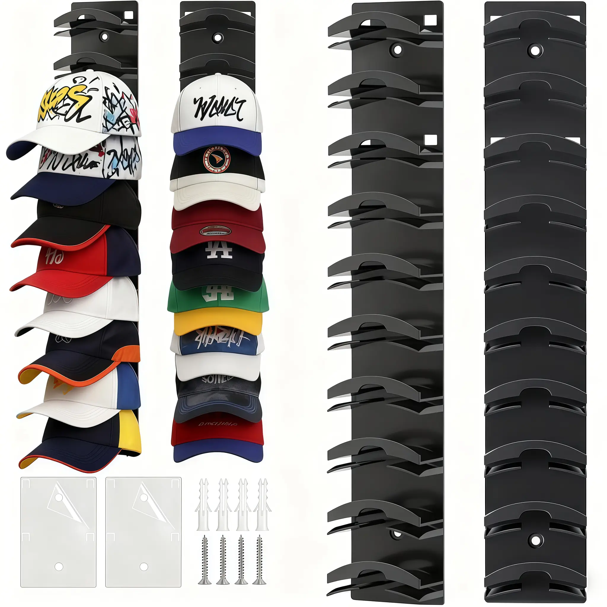2-Pack Wall-Mounted Baseball Cap Organizer Rack - Black/White Adhesive Mount, Stable Structure, Holds 20 Hats, Home Supplies, Closet Storage Shelves, Room Decor Hanger for Closet Door & Bedroom Easy Access