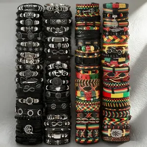 20Pcs Men's & Women's Vintage Punk Bracelet Set - Stackable Layered Artificial with Look - Edgy Unisex for, Parties, Concerts, Daily Wear - Multi-Style Group Gifts & Party Favor Packs
