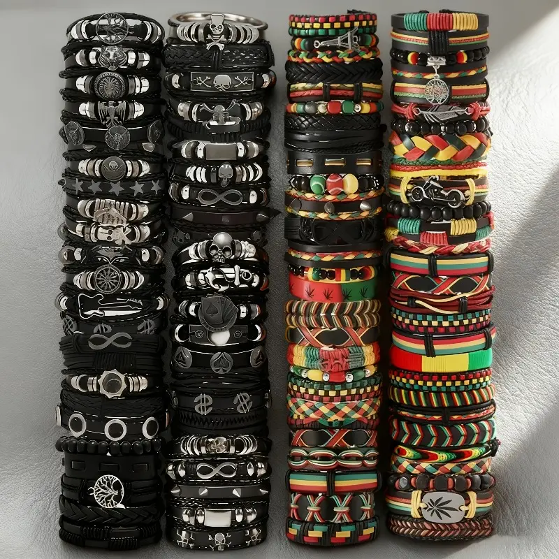 20-Piece Stackable Bracelet Set, Unisex Vintage Punk Faux Leather Bands for a Layered Look, Ideal for Parties, Daily Wear & Group Gifts, Stackable Set, Multi-Patterns, 20Pcs Mixed, Casual, Artificial-Look, Watch Party, Bracelets, Jewelry, Yes, Synthetic