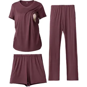 3 Piece Women's Maternity Nursing Pajamas Set V Neck Breastfeeding Pjs Sleepwear Postpartum Shorts&Pants Pockets