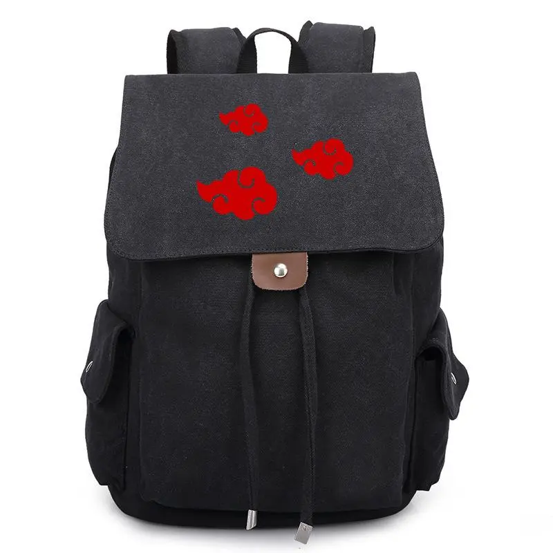 Naruto Akatsuki Red Cloud Print Drawstring Canvas Backpack, Vintage Black Wash Canvas Flap Backpack For Anime Fans