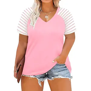 ROSRISS PLUS Women's Plus-Size V-Neck Striped Raglan T-Shirt, Summer Short-Sleeve Stretchy Rayon Fabric Casual Lady Clothes, Fashion Matching Print Tee 0106,summervibes