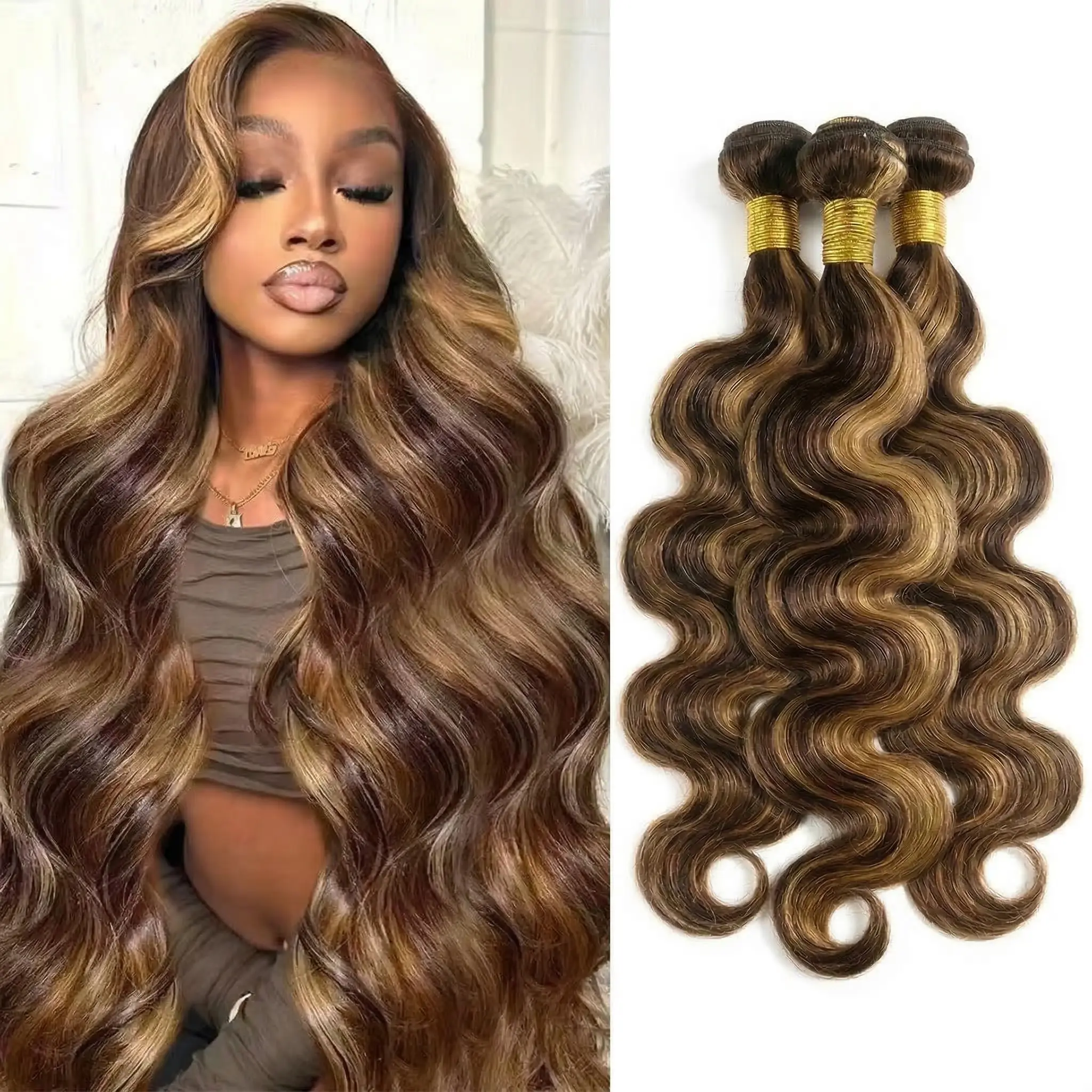 【LUCKOCKOS】 P4/27 Honey Blonde Body Wave Weave Extensions, 34-36" Unprocessed Raw Wavy Hair Bundles, Extensions Hair Wavy Curly Hair