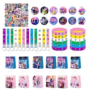 Children's cartoon party gift four-piece set, Cartoon characters, birthday party favors, keychain, bracelet, sticker gift bag set, including 12 keychains, 12 bracelets, 12 gift bags, and 50 refrigerator stickers