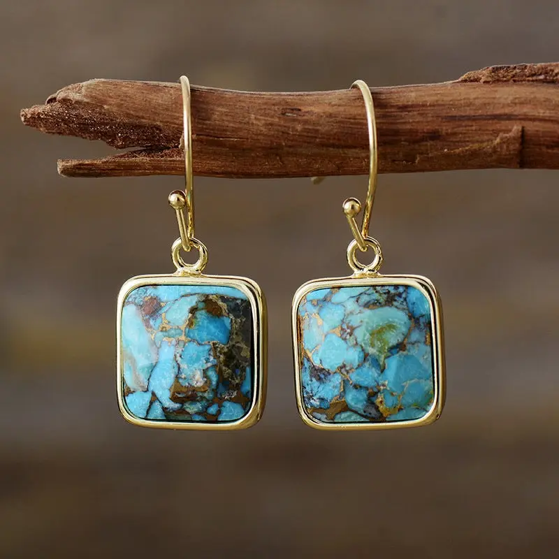 Turquoise Copper 14K Gold-Plated Pine Earrings 1.2 in Imported Jewelry Avoid Exercise Wear