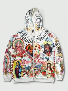 Vintage Saint Tears Religious Full Print Zip Hoodie, American Streetwear Distressed Jesus & Mary Print, Loose-Fitting Fall&winter Sweatshirt