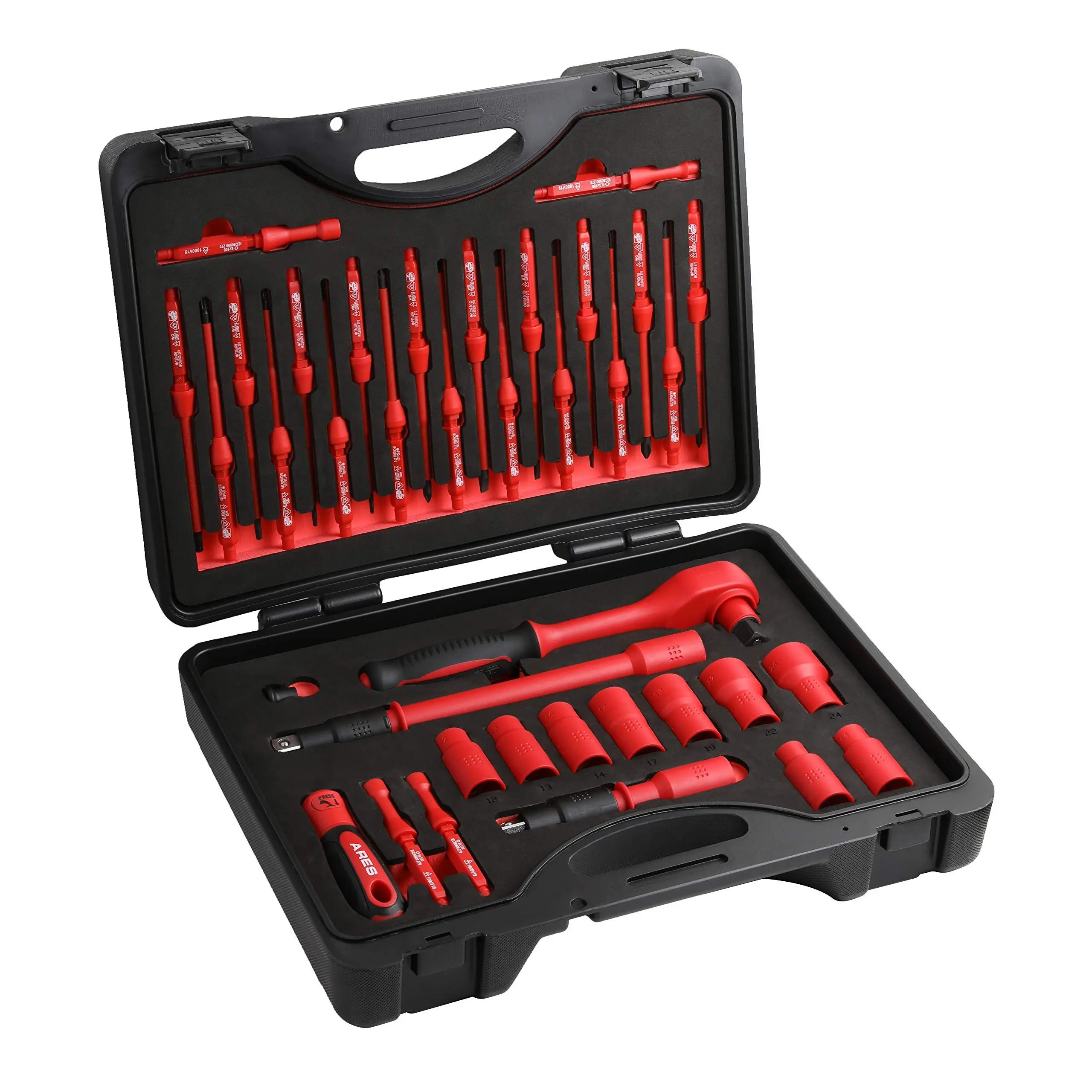 ARES 19004 Insulation Safe 37-Piece Insulated Electrical Tool Set - Ergonomic Handle, 19 Screwdriver Sizes, 4 Cabinet Keys, 1/2-Inch Drive Ratchet & Extensions, 9 Socket Sizes (10-24mm), Multi-Tool Storage Case