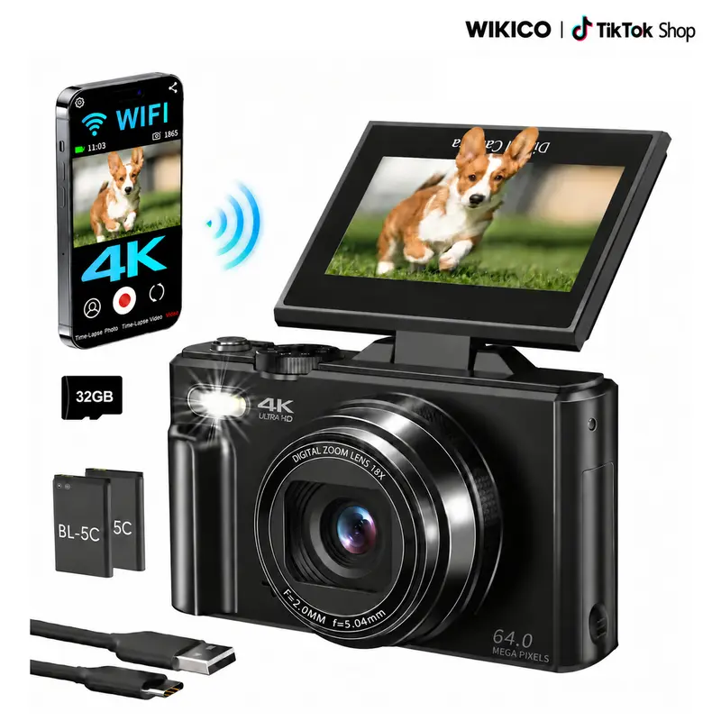 WIKICO High Definition Point & Shoot Digital Camera - 4K, 64MP, 3-Inch 180° Flip Screen, 18X Digital Zoom, 32GB Micro SD Card, 2 Batteries, Speaker, Lanyard, MP4 Video, Camera for Vlogging, Gifts Adults, Christmas Gift for BF,techvibes