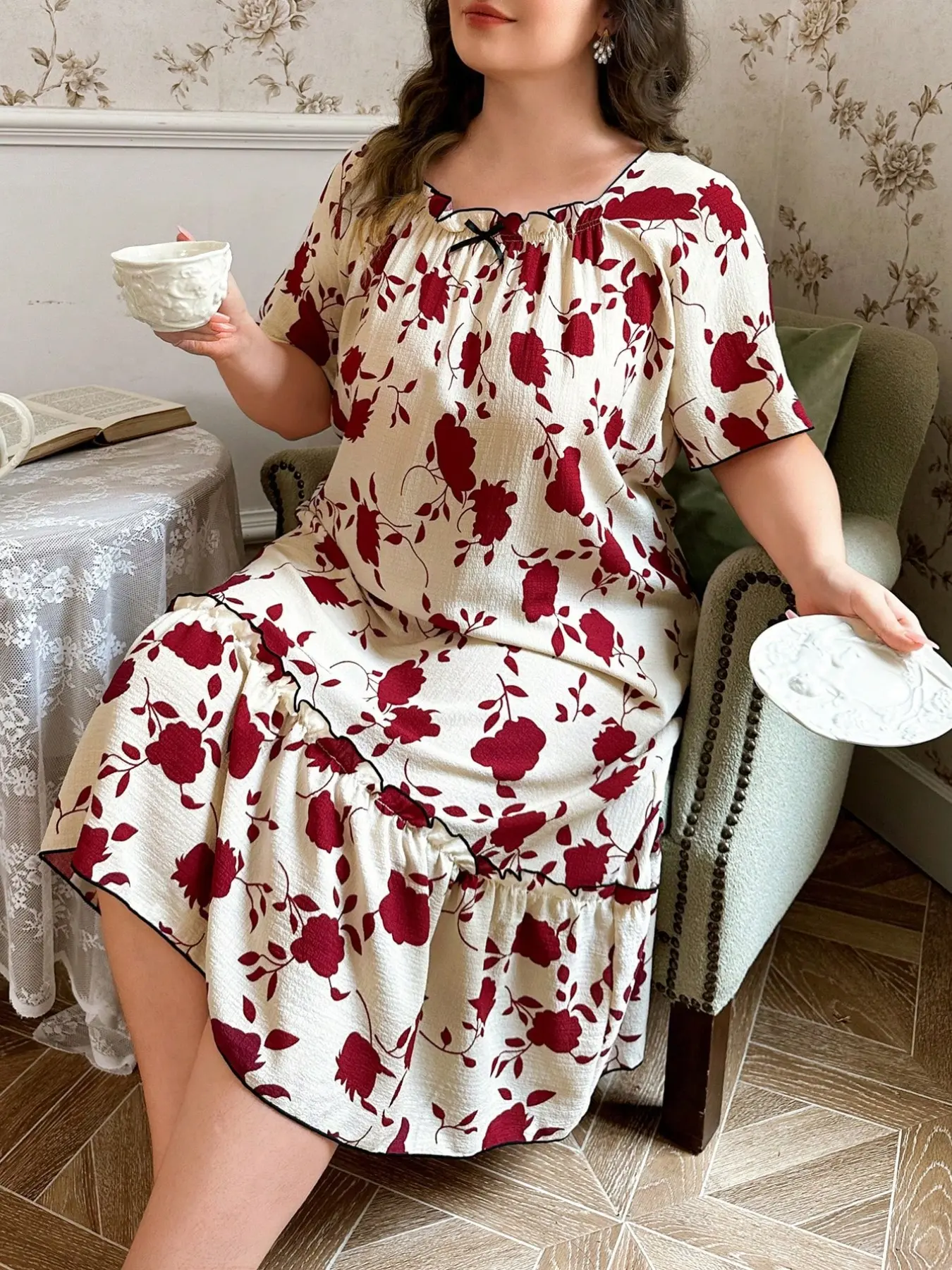 Elegant Rose Floral Print Bubble Chiffon Breathable Sleepwear, Loose Square Neck Nightgown, Comfortable Homeewear for Relaxing Nights Loungewear
