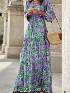 Women's Printed Short Sleeve Waist Cinch Tie Long Dress, Elegant Floral Pattern, Perfect for Daily Wear & Special Occasions