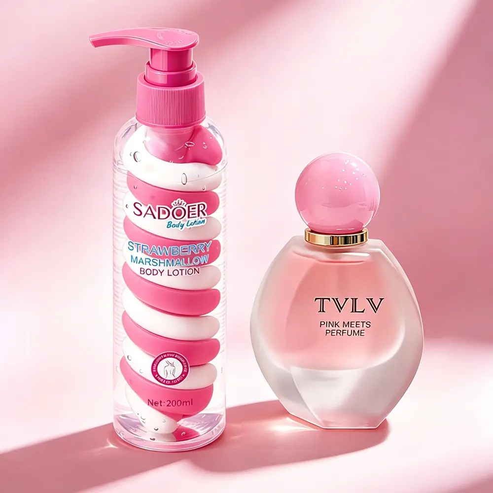 Powder Encounter Perfume + Dual Color Strawberry Cotton Candy Body Lotion, Long-Lasting, Floral Fruity Scents, Fresh Floral Fruit Scent, Floral Fruit Scented, Easy Absorption, Non-Greasy