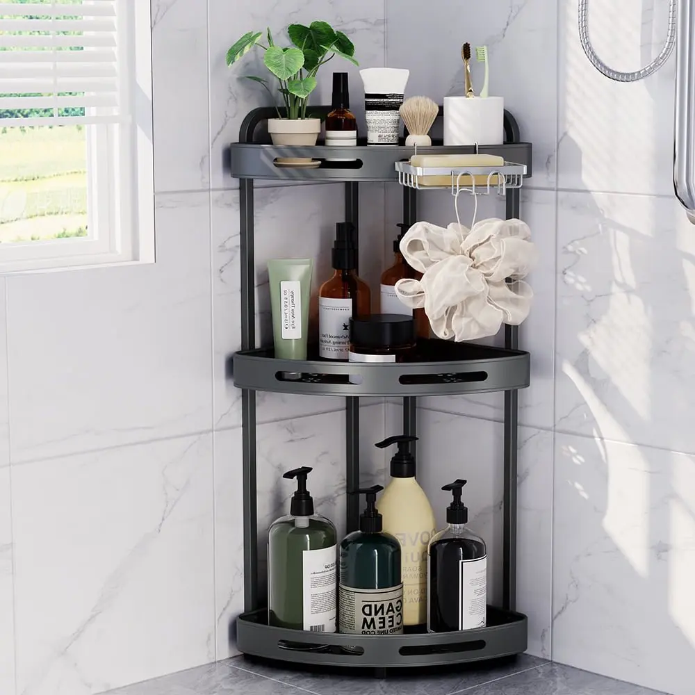 3-Tier Durable Aluminum Standing Corner Shower Organizer, Modern Bathroom Necessities with Large Capacity, Quick Drainage & Acrylic Soap Holder for Space-Saving Bathroom Accessory