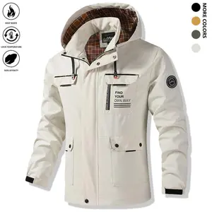 Men’s casual softshell hooded jacket with a fashionable letter print and removable hood—windproof, comfortable workwear jacket for outdoor activities