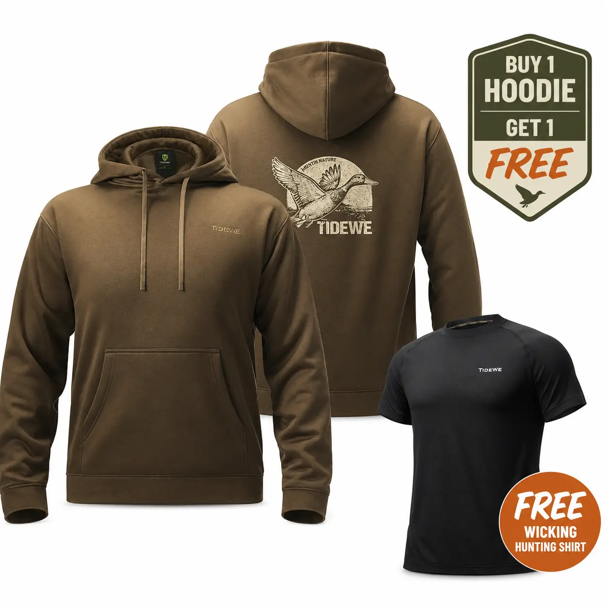 [Free moisture-wicking hunting shirt with purchase] TIDEWE Men's Hunting Hoodie, comfortable and warm, soft fleece pullover sweatshirt, waterfowl pattern printed on the back, versatile style, suitable for outdoor sports and casual everyday wear.