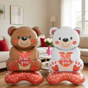 2pcs 58 Inch Large Standing Bear Balloons, Cartoon Heart Design, Valentine's Day Wedding Decoration, Aluminum Foil Party Supplies, Room Decor