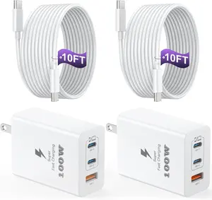 USB C Charger Block 100W, 3-Port GaN Super Fast Charger, Type C Wall Charger Adapter with 10ft USB C   for MacBook Pro/Air,iPad Pro,  16/15Pro, S25/S24/S23 and More[2 Pack]