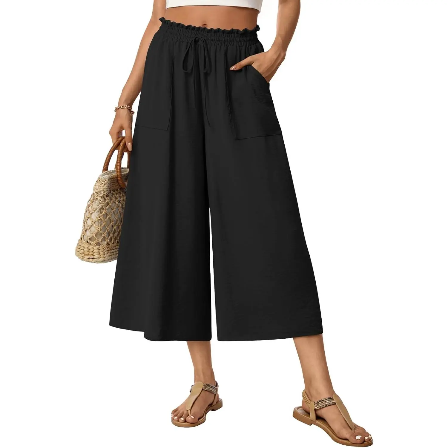 Women's Culottes, Oversized Wide Leg Polyester Trousers with an Elastic High Waist, Drawstring, and Pockets for Casual Wear, Fabric, Bottoms, Black White Match, Gauchos, Baggy, Garment, Everyday, Lightweight, Gaucho Pants, High Waisted Pants, Elastic Wais
