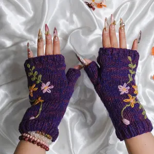 Boho Wool Fingerless Gloves,Handmade Fleece Lined Handwarmers,Floral Embroidered Winter Mittens,Cozy Knit Wrist Warmers,Winter Accessories