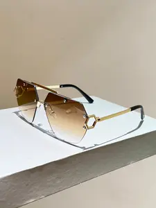 New Men's Frameless Polygonal Fashion Modern High Quality Sunglasses, Trendy Metal Temple Design, High-End Style Eyewear
