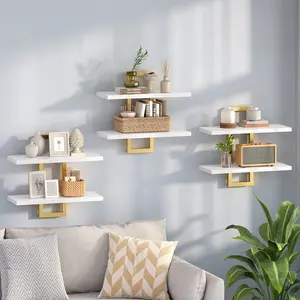 HOOBRO Floating Shelves, 15 Inch Wall Shelf Set of 3, Wall Mounted Storage Shelves 2-Tier, Hanging Bathroom Shelves, for Living Room, Bedroom, Bathroom, Kitchen, White and Gold#SpringSale #BigSpringSale