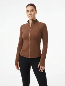 XELLE Women's Slim Fit Full Zip Yoga Jacket - Breathable Athletic Running Track Jacket with Thumb Holes, High Neck Workout Sports Top for Gym & Fitness