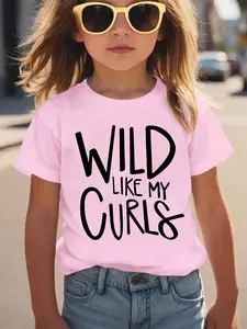 Girls "Wild Like My Curls" Funny Graphic T-Shirt, Kids Short Sleeve Curly Hair Crew Neck Tee