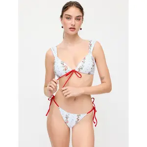 Cider Strawberry Floral V-Neck Tie Front Bracelet Bikini Set With Scrunchie