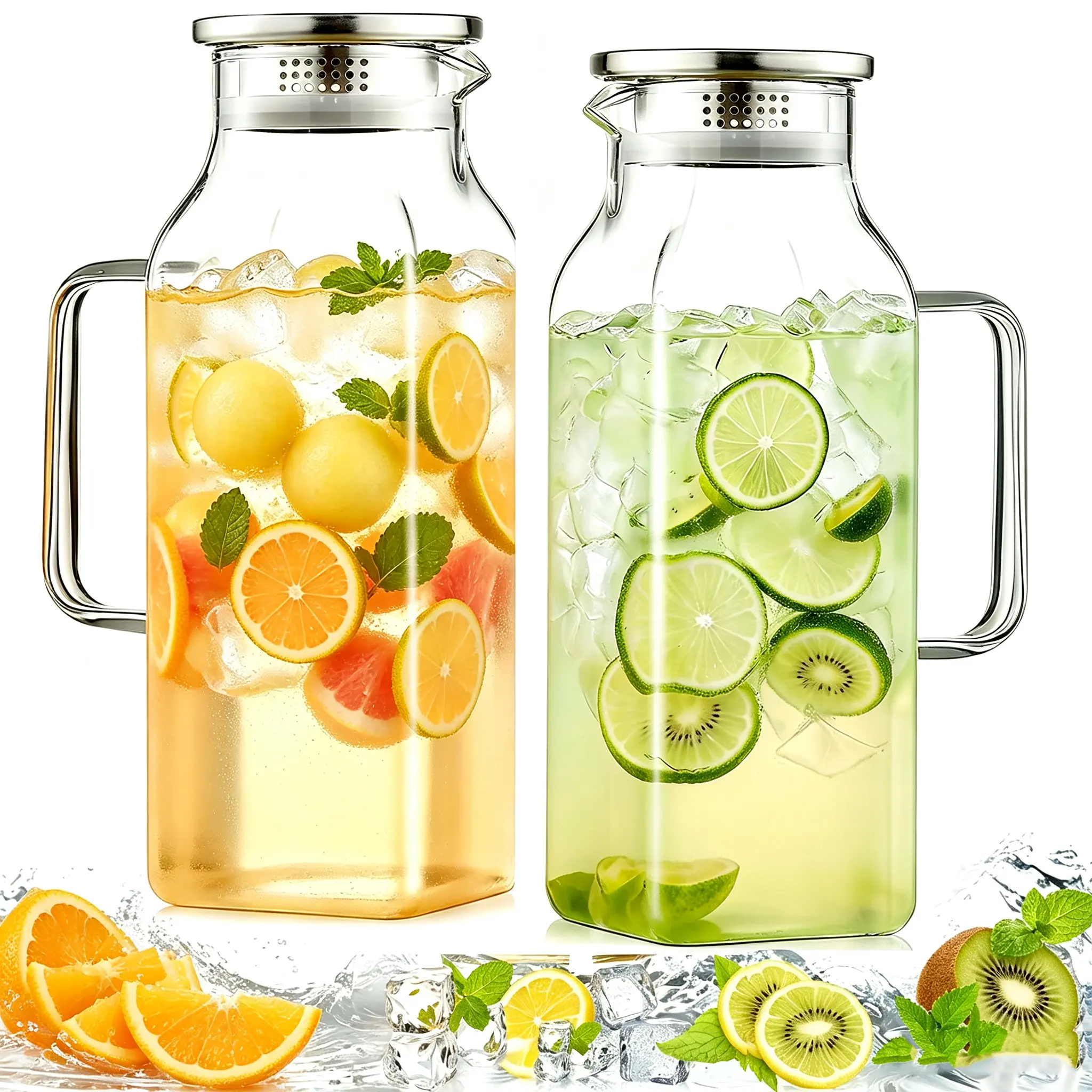 2-Pack Borosilicate Square Glass Pitcher Set, 2L/68oz Heat-Resistant Beverage Jug with Lid & Handle for Iced Tea, Coffee, Milk Serving
