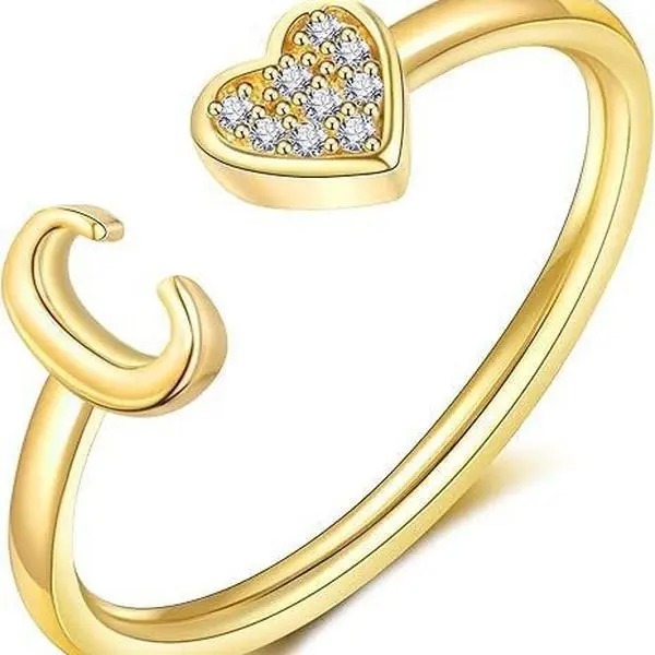 925 Heart Shaped Alphabet Design Ring, Adjustable Stackable Cubic Zirconia Rings (Letter A-Z), Jewelry for Women, Women's Gifts
