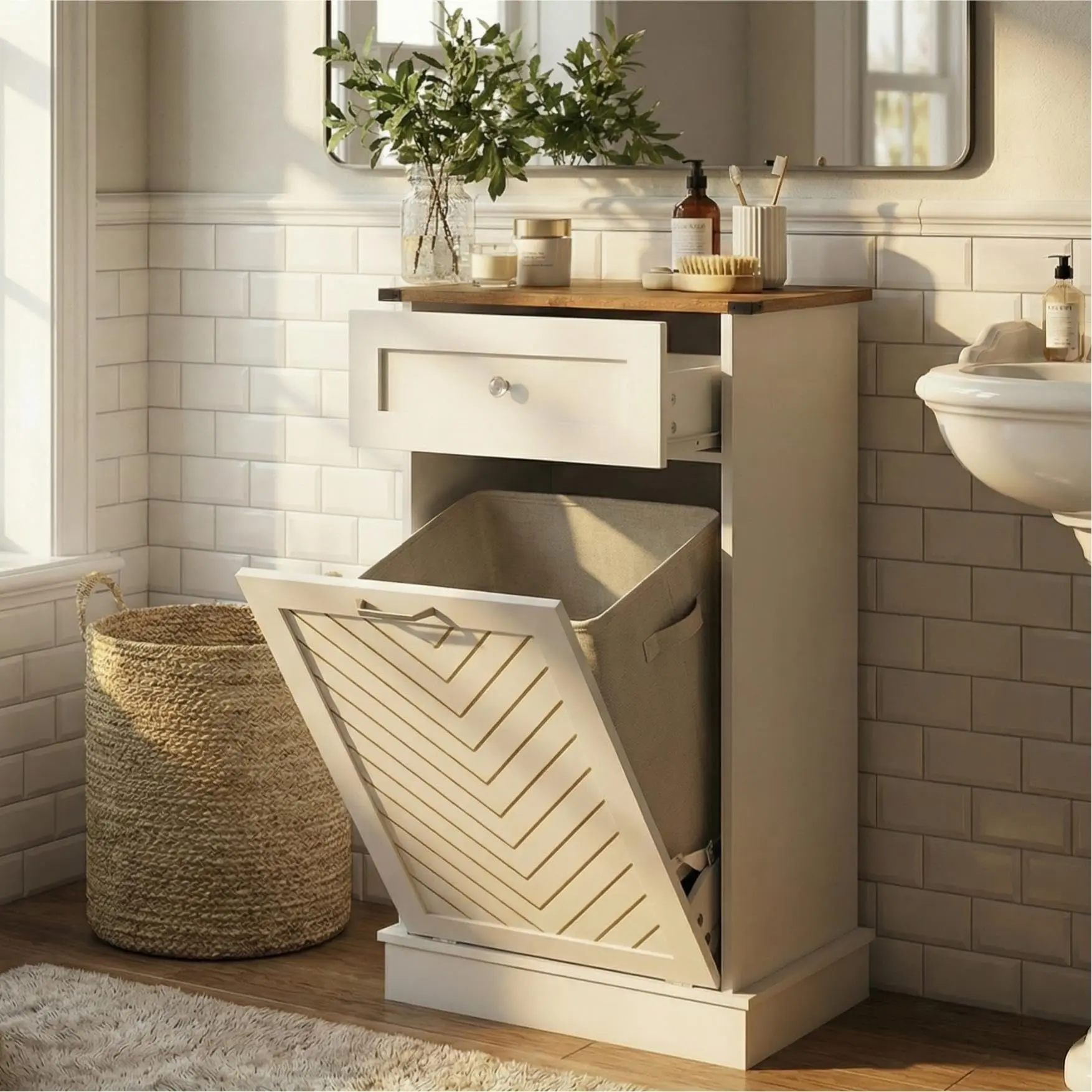 Tilt-Out Laundry Hamper Cabinet, 10 Gallon Herringbone Trash Can Cabinet with Drawer, Hidden Garbage Can Cabinets, Free Standing for Bathroom & Kitchen