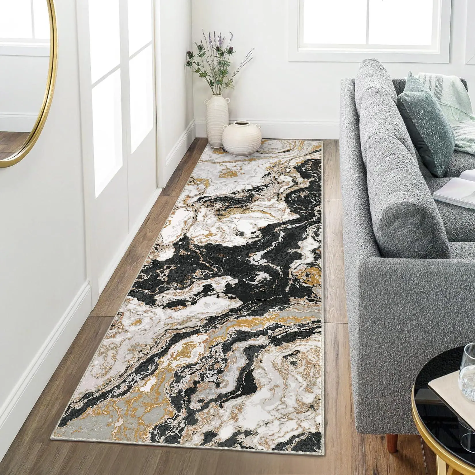 GARVEE 4x6 ft Size Black Modern Marble Look Runner Rug, Washable Home Decor House Accessory with Abstract Pattern, Non-Slip Anti-Skid Pad for Kitchen
