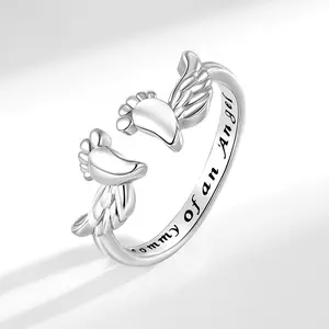 Angel Wing & Footprint Memorial Ring – “Mommy of an Angel” Engraved Adjustable Ring, Comfort Jewelry for Grieving Mothers, Pregnancy Loss Jewelry, Forever Love Remembrance