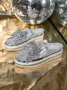 Street Style Rhinestone Bow Slippers, Breathable PU Leather, Ethnic Pattern, Boho Style, Slip-On, Height Boosting, Outdoor Wear