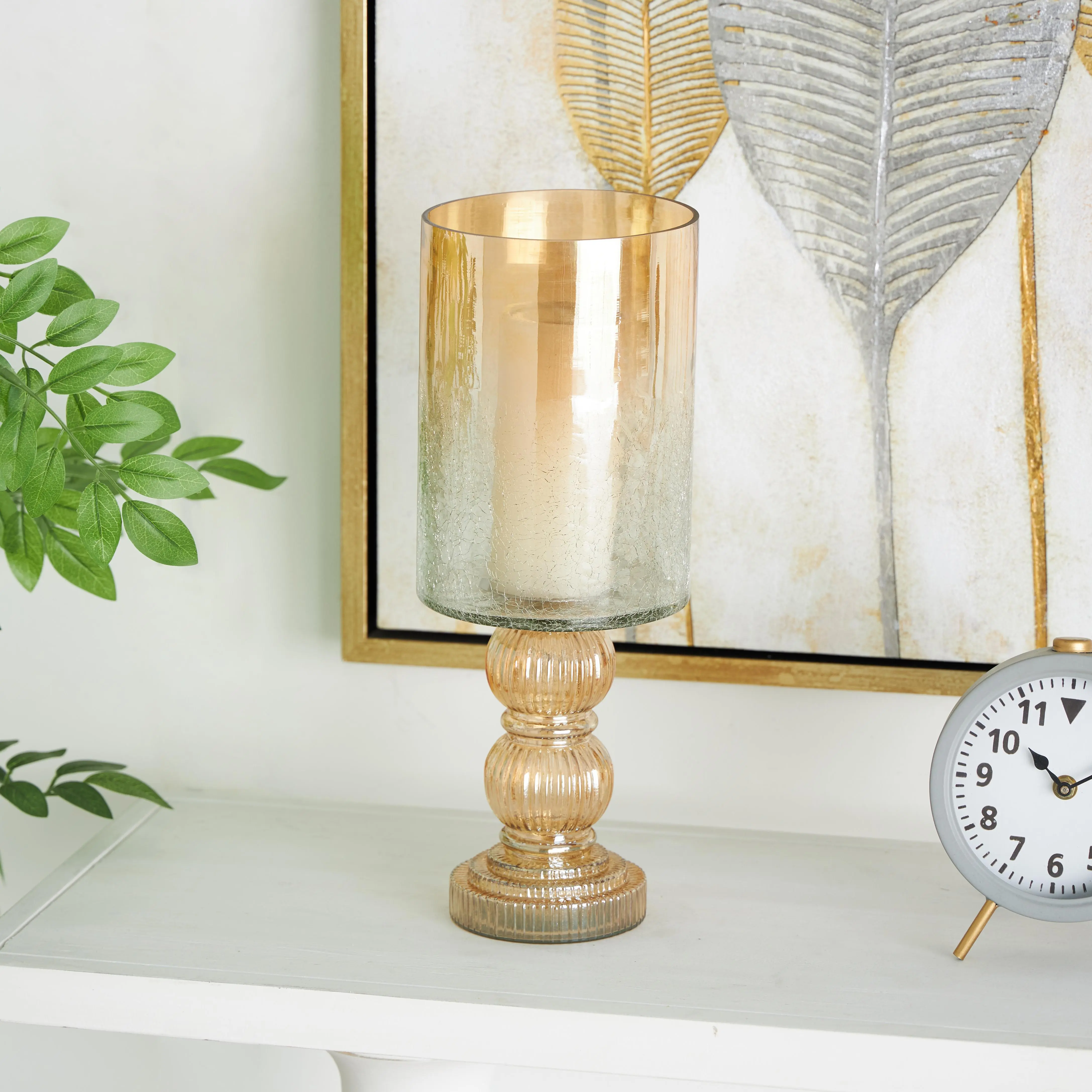 Glass  Handmade Turned Style Pillar Room Hurricane Lamp with Faux Mercury Glass Finish, 6" x 6" x 16"
