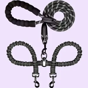 Dual dog leash, anti-tangle elastic dog leash with shock-absorbing cushioning, nylon elastic reflective pet leash, suitable for small, medium, and large dogs, rotating leash, reflective strip chest/back webbing, outdoor dog walking harness tiktokshopsprin
