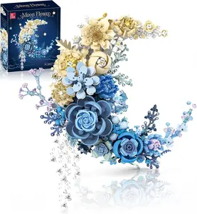 flash card 934PCS Blue Moon Flower Building Blocks Kit for Adults, Crescent Moon Botanical Art Display, Artificial Flowers Building Set for Home Décor Wall Art Decoration