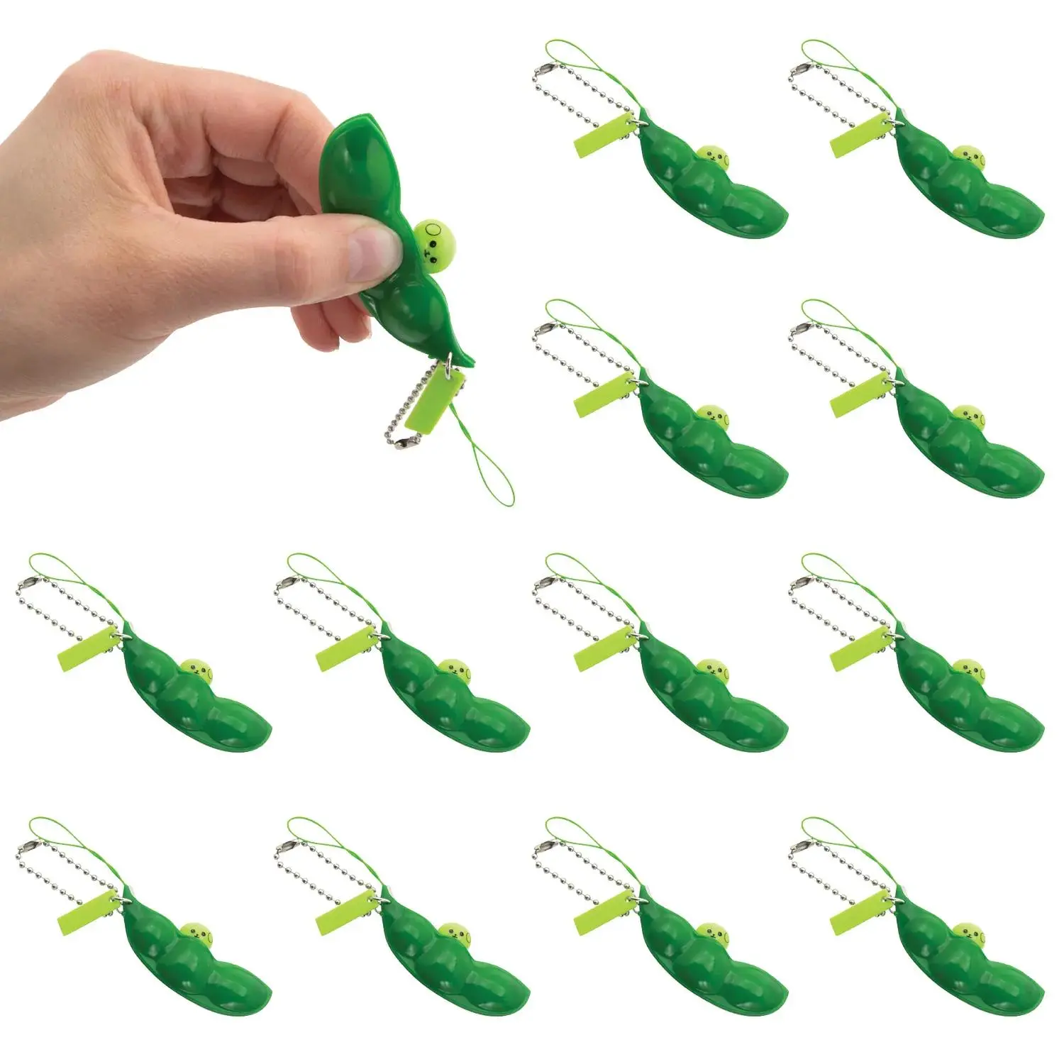 3" Happy Popping Pea Pod Green Plastic Fidget Toy Keychains - 12 Pc.