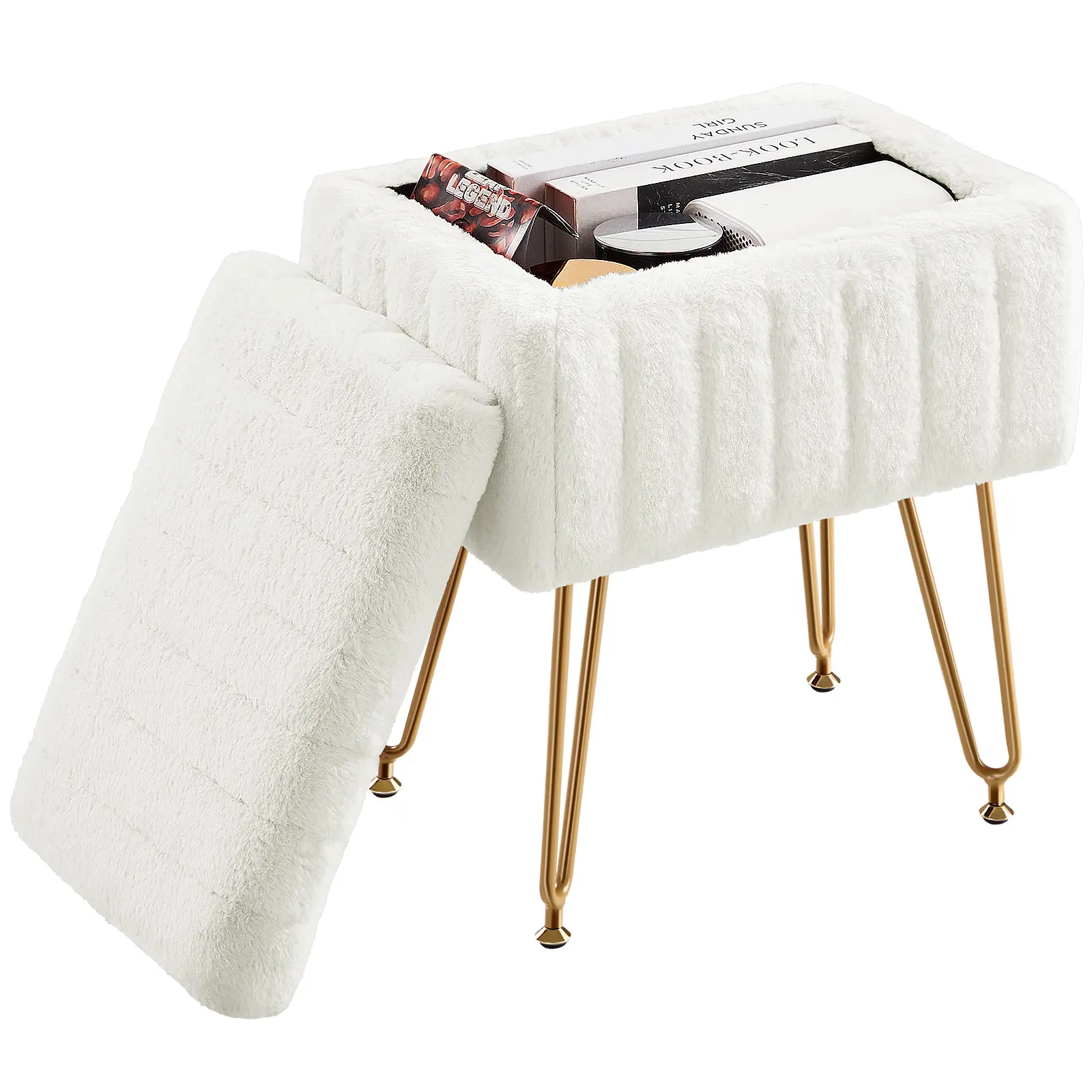Faux Fur Vanity Stool Chair Ottoman with Storage, 4 Metal Legs, Adjustable Feet, Soft Soft Small Footstool, Modern Style for Living Room & Bedroom, Soft Cushioned Stool, Faux Fur Finish
