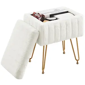 Faux Fur Vanity Stool Chair Ottoman with Storage, 4 Metal Legs, Adjustable Feet, Soft Soft Small Footstool, Modern Style for Living Room & Bedroom