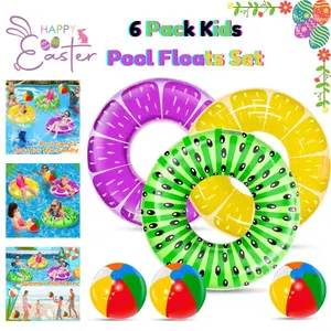 6 Pack Kids Pool Floats Set, Inflatable Fruit Swim Rings & Rainbow Beach Balls, Summer Pool Floaties for Kids & Adults, Beach Party Water Toys, Outdoor Pool Fun