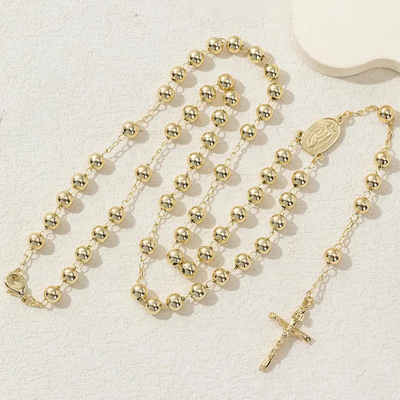 Virgin Mary Cross Beaded, Long Chain Fashion Jewelry for Men and Women, Casual Daily Wear Accessory, Faith Necklace