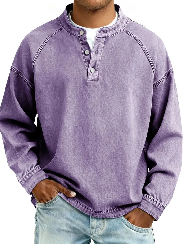 Men's Retro Stand-Collar Long-Sleeve Casual Washed Distressed Solid Top Shirt - Loose Fit, Shoulder Inserts, Ideal for Everyday Commuting, Street Styling