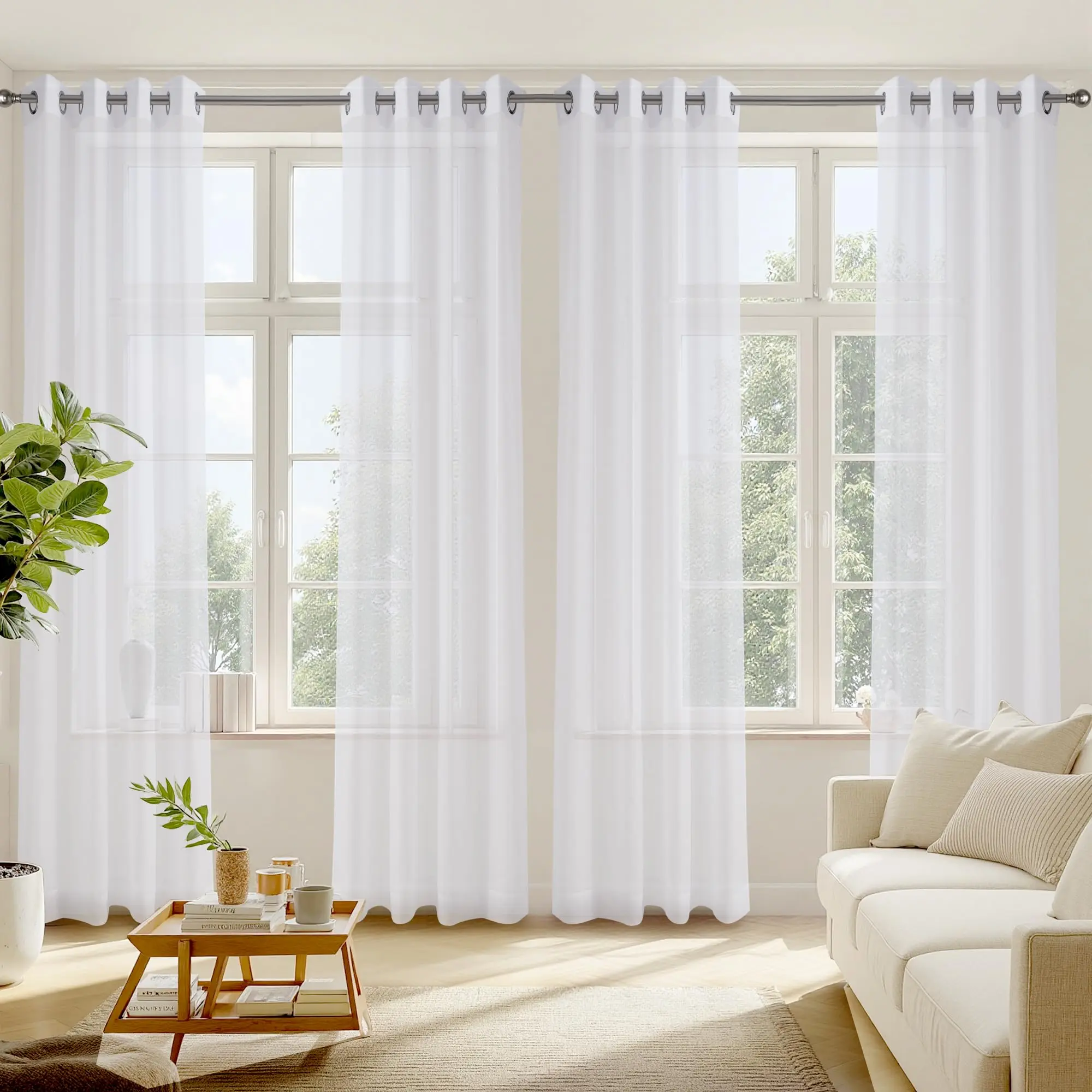 Extra Long Curtains For Large Window  Bedroom White Sheer Voile Draperies Living Room Sliding Glass Door Wide 54 X 95 Inch Each Panel 4 Panels