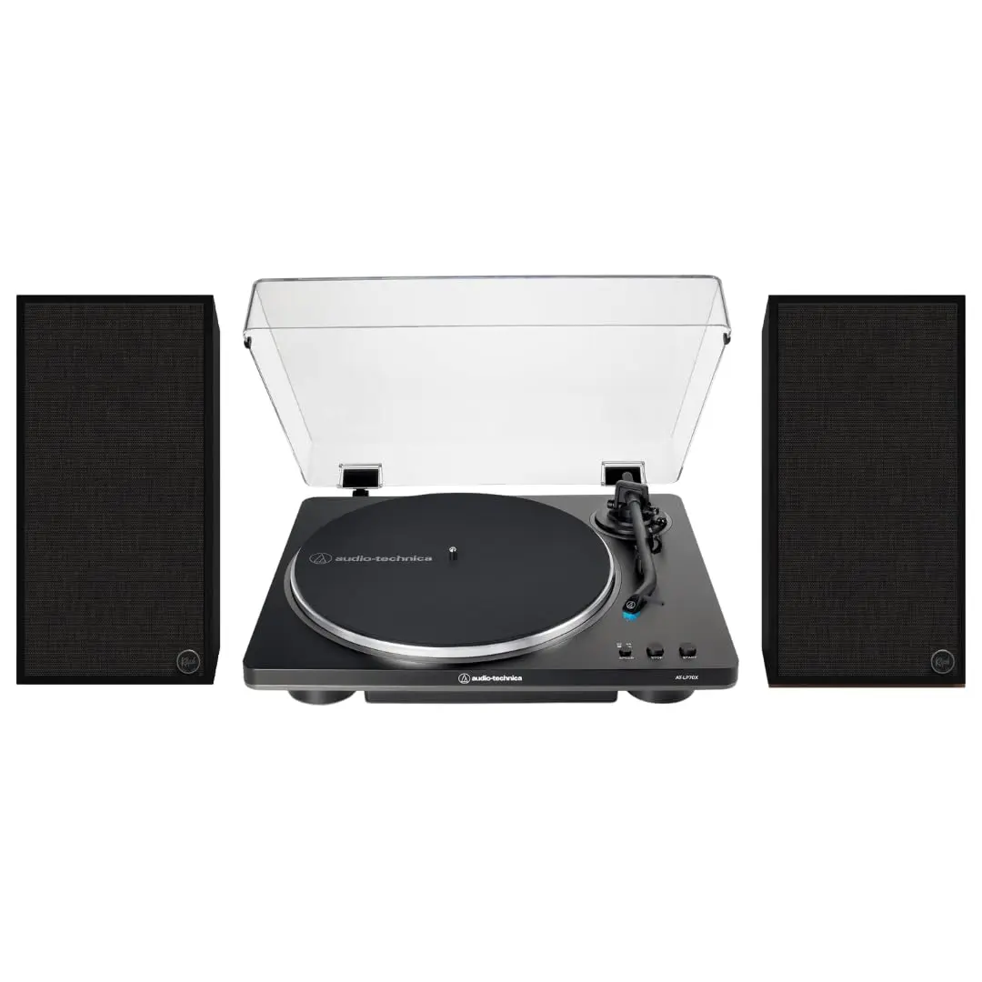 Klipsch The Sevens Retro Heritage-Inspired Wireless Powered Bluetooth Speakers with Digital Amplifier, Subwoofer - Bundle with LP70X Fully Automatic Belt-Drive Stereo Vinyl Turntable (High-Watts Audios)