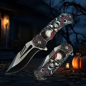 Pocket folding knife - Hunting knife with pocket clip, 3D printed pattern, stainless steel blade, V-ground edge, ergonomic handle suitable for camping, hiking, indoor and outdoor activities, camping knife, fashionable design, Christmas and Halloween gift