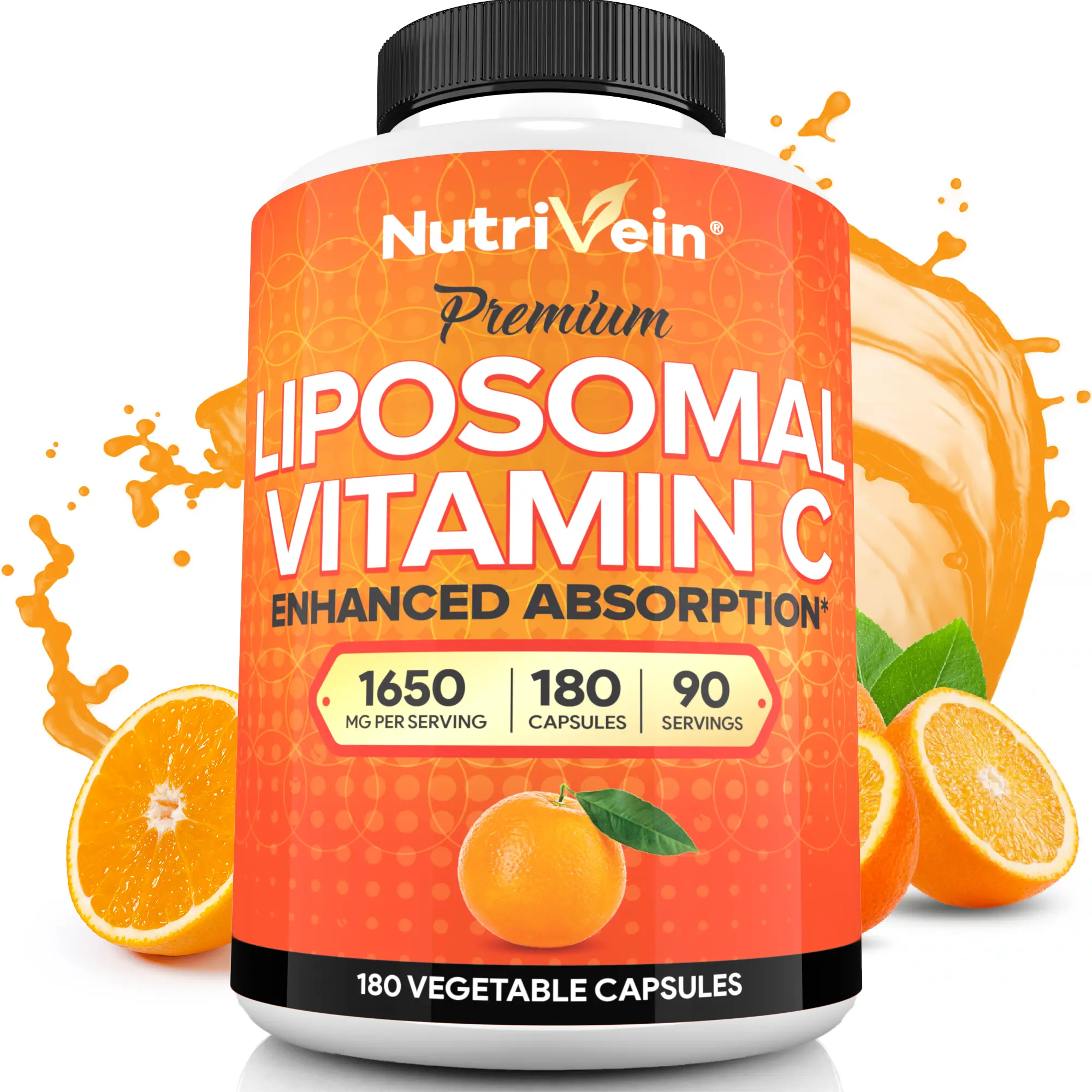 Nutrivein, Liposomal Vitamin C Capsules, Dietary Vitamin Supplement, Plant-Based Formula, Daily Nutrition Support, 1650mg, 180 Capsules, 2 Capsules Daily
