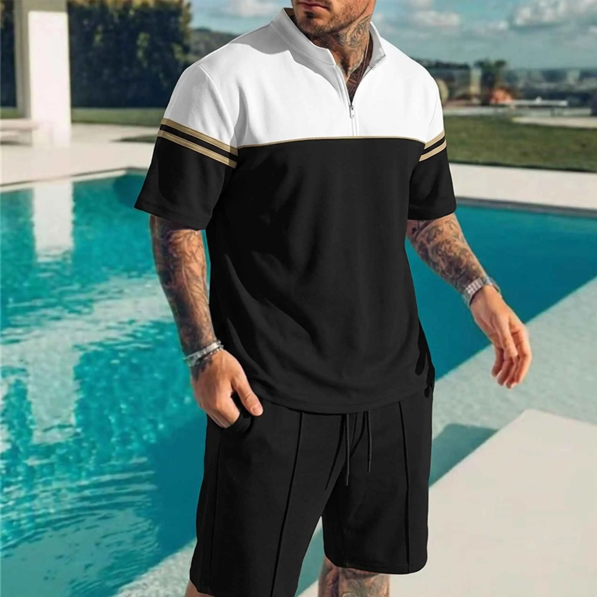 Men's Summer Colorblock Stand Collar 2-Piece Short Set - Half-Sleeve Half-Zip T-Shirt, Drawstring Shorts, Casual Sporty Chic Menswear Outfit