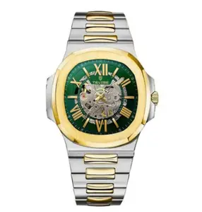 Men’s Two-Tone Stainless Steel Automatic Watch, Green Roman Numeral Skeleton Dial Nautilus Style Business Casual Watch