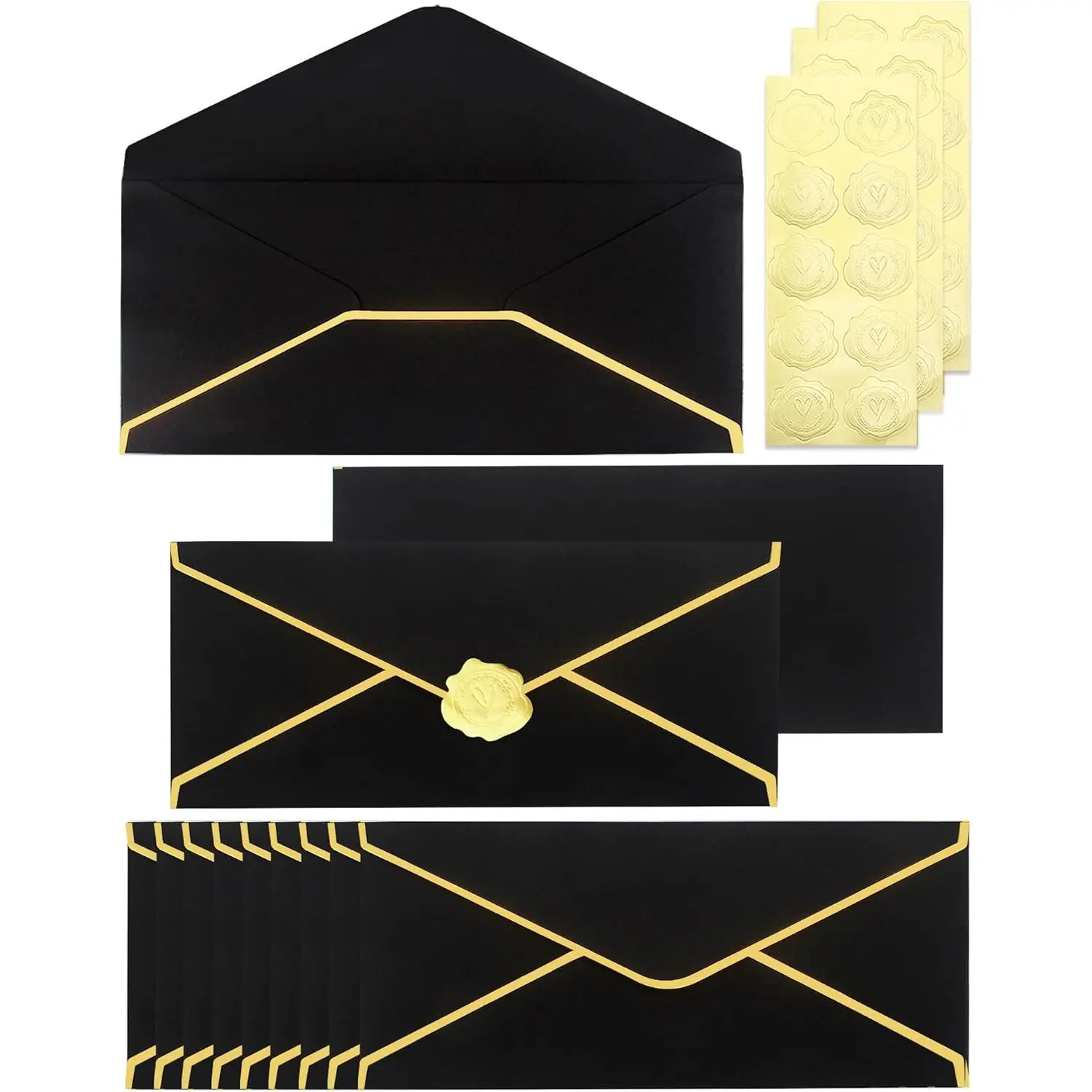 #10 Black Business V-Flap Envelopes with Gold Border, 30-Pack 150gsm Paper, Gold Stickers for Office Checks & Mailing, 9.45x4.13in